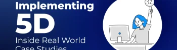 Dark blue slide with the text "Implementing 5D: Inside Real World Case Studies" in white. A line art illustration shows a woman with blue hair sitting at a computer, holding up a white circle with the number 12. The Sparxworks logo is at the bottom right.